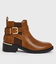 New Look Wide Fit Tan Leather-Look Buckle Ankle Boots